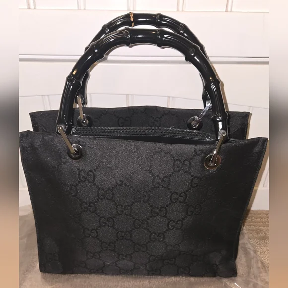 Gucci Bamboo Top Handle Tote โ Black GG Canvas โ Rare & Iconic - Picture 2 of 12